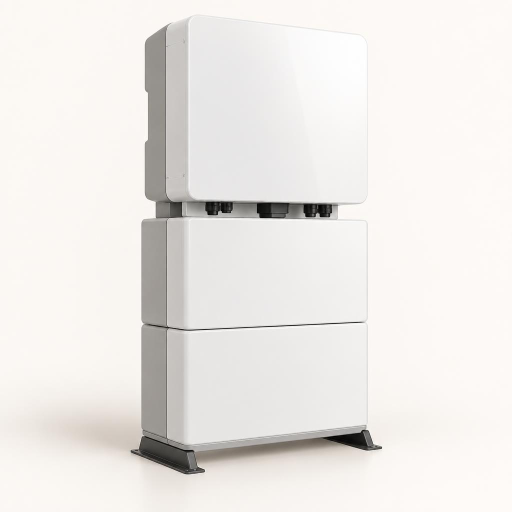 Unbranded white home battery stack with hybrid inverter on a plinth