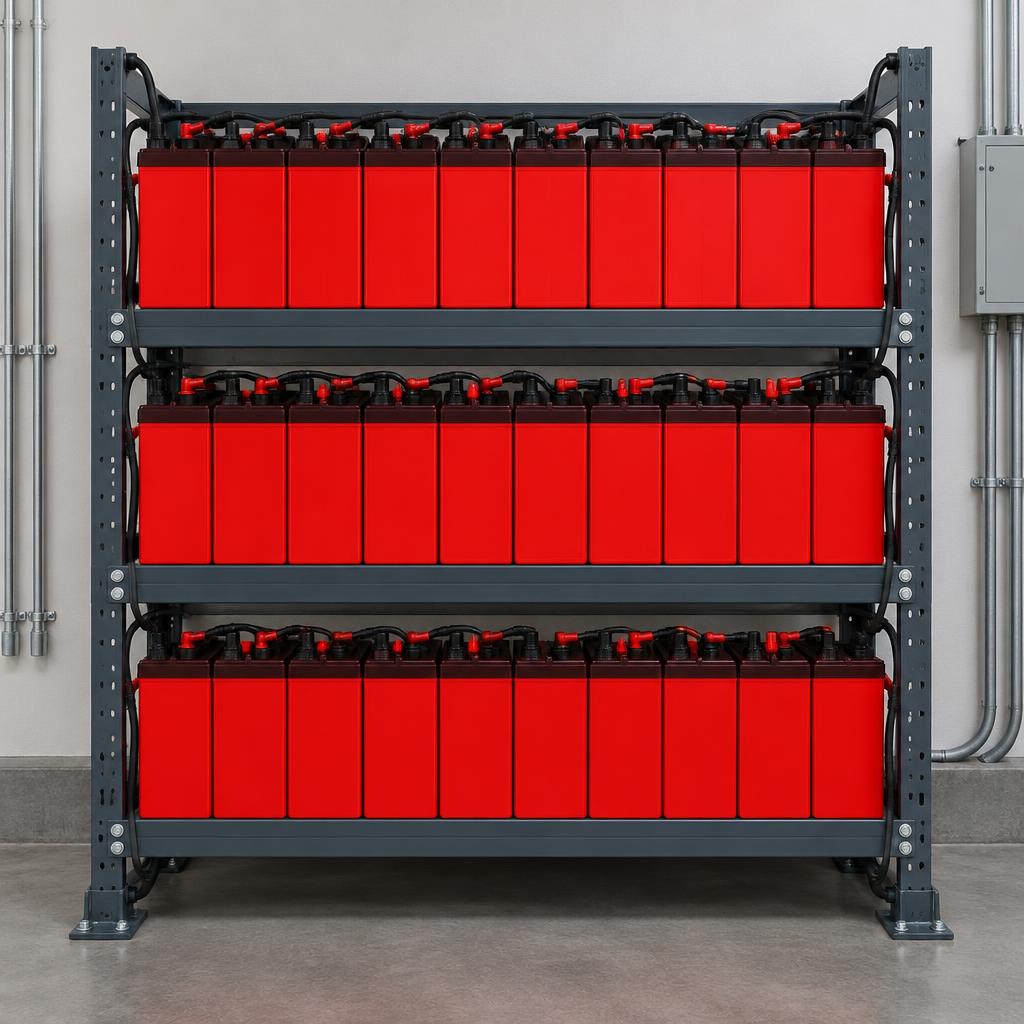 Unbranded two tier substation battery bank rack with copper busbars